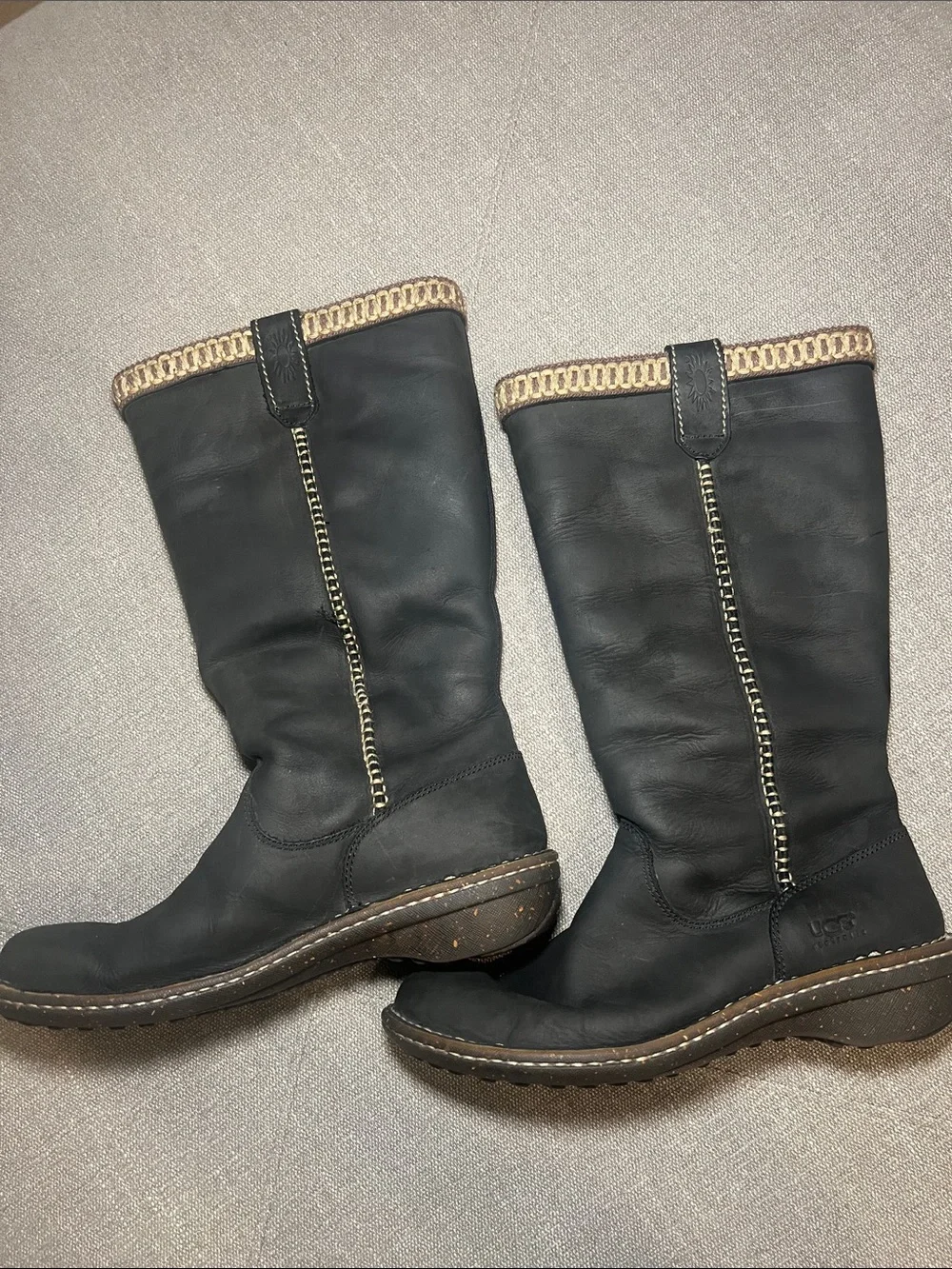 UGG Swell Tall Black Leather Mid-Calf Boot w/ Tan Trim Stitching - Women size 9